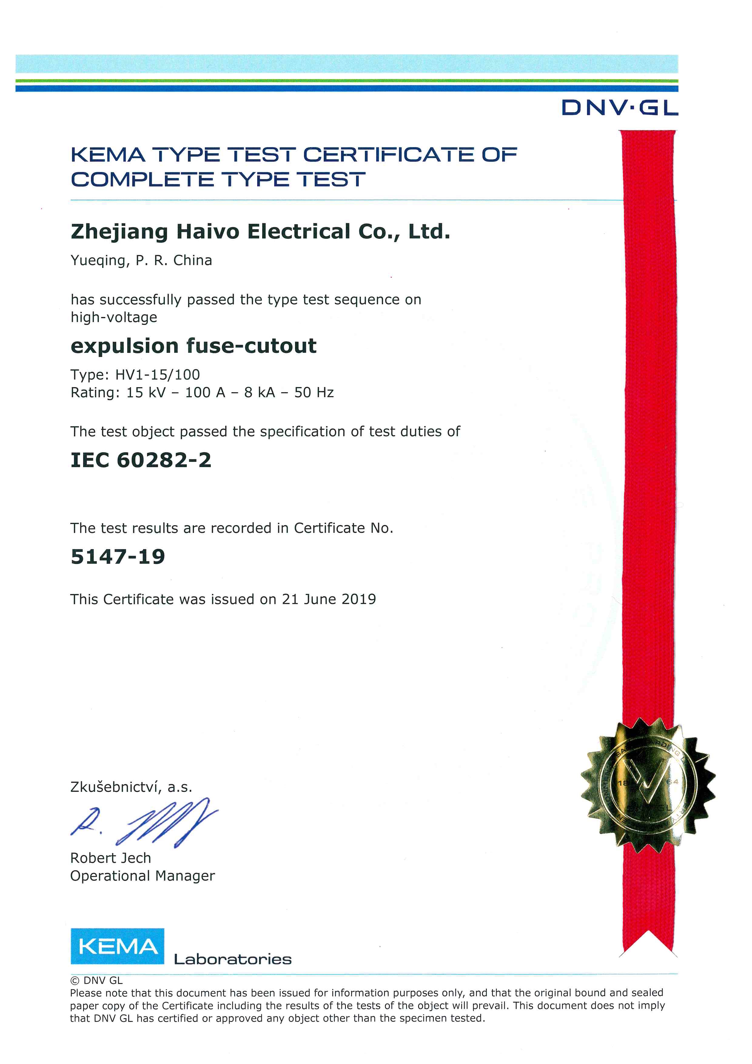 FUS&Iacute;VEL CORTE HV1-15-100 CERTIFICADO KEMA